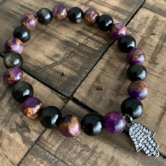 Handmade Jewelry - 8mm Quartz & Obsidian Hamsa Chakra Bracelet